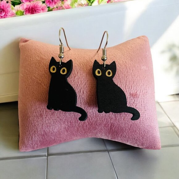 Small Black Cat Drop Earring - Picture 2 of 4